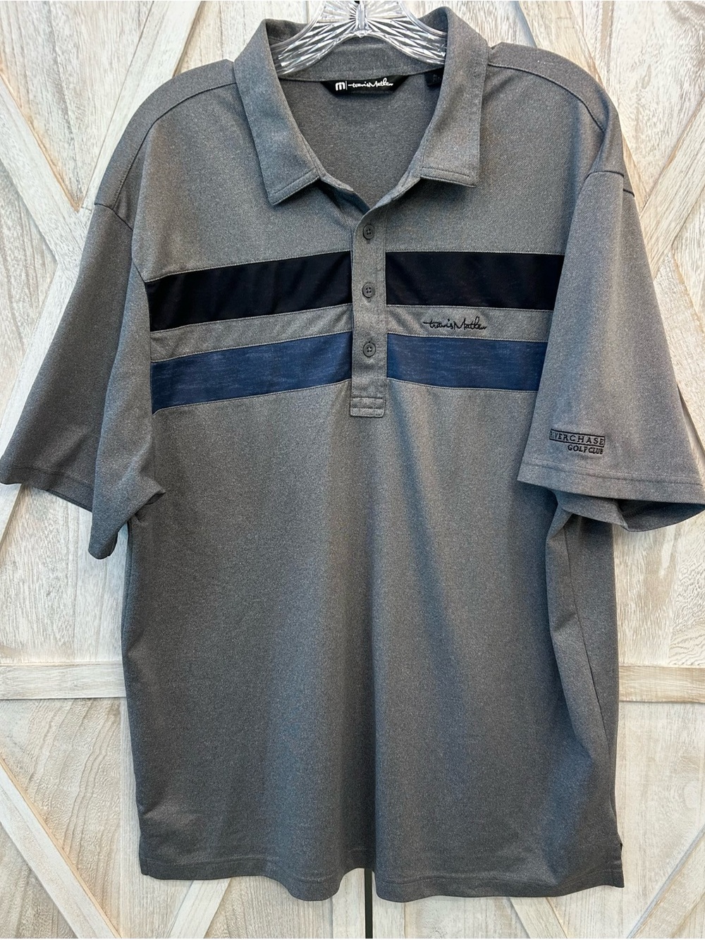 Travis Mathew Polo Mens XL Grey Navy Stripes Golf Shirt Riverchase Golf Club